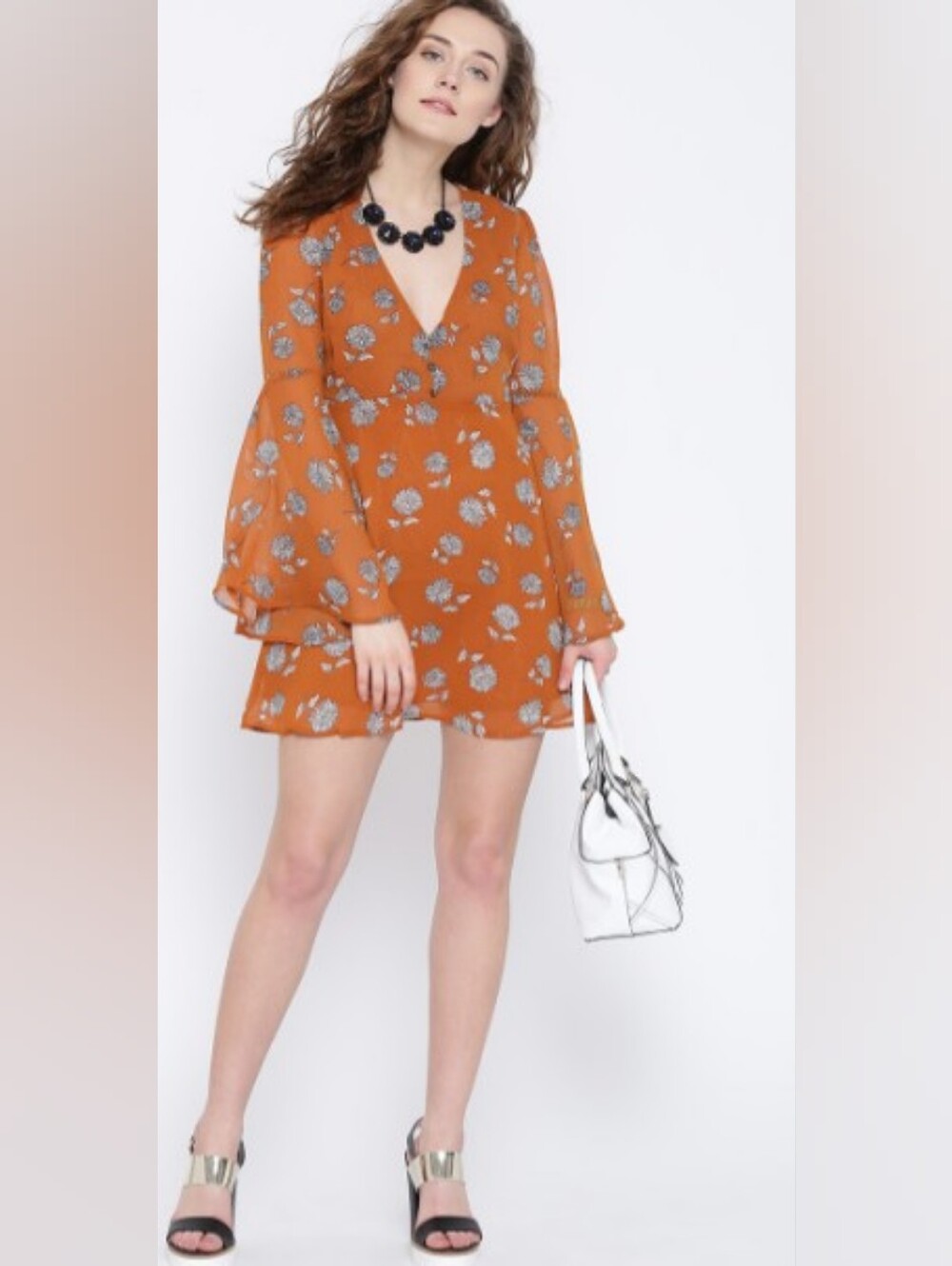 Forever 21 Rust Orange Floral V-Neck Fit & Flare Mini Dress Misses Size Small